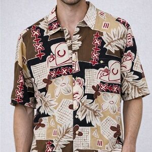 Burma Bibas Tan Brown Hawaiian Floral Cotton Button Down Large